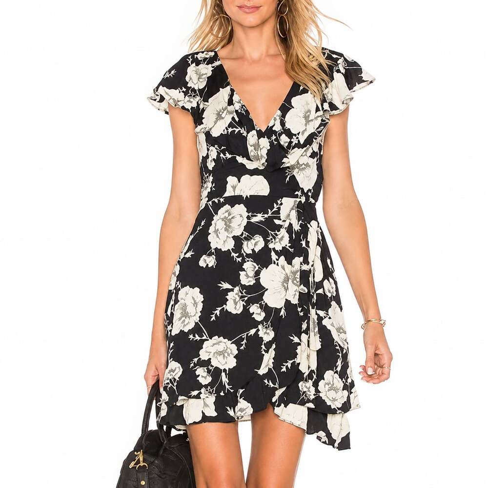 Free People French Quarter Black Cream Floral Wrap Ruffle Mini Dress Medium